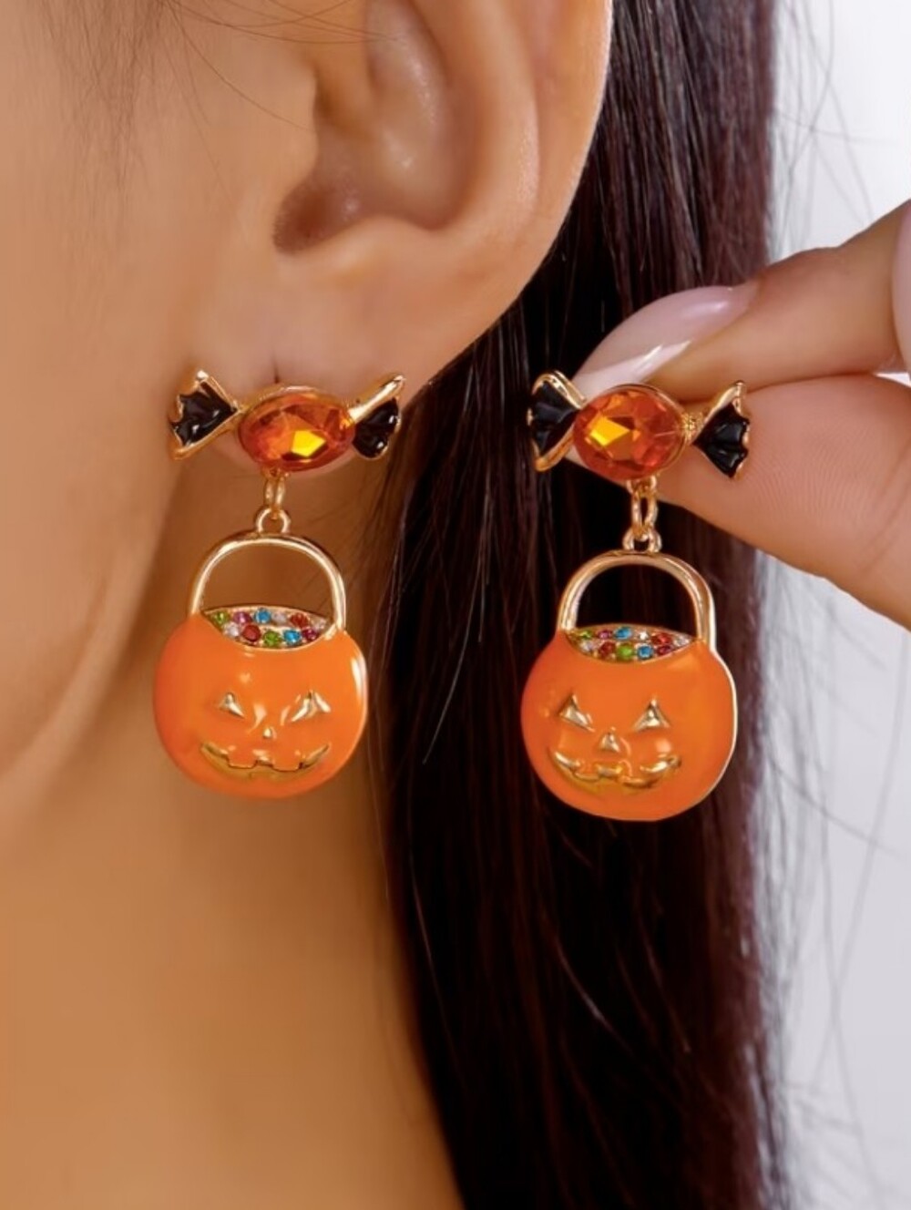 Halloween Pumpkin Drop Earrings - Orange Candy Jack-o'-Lantern Design